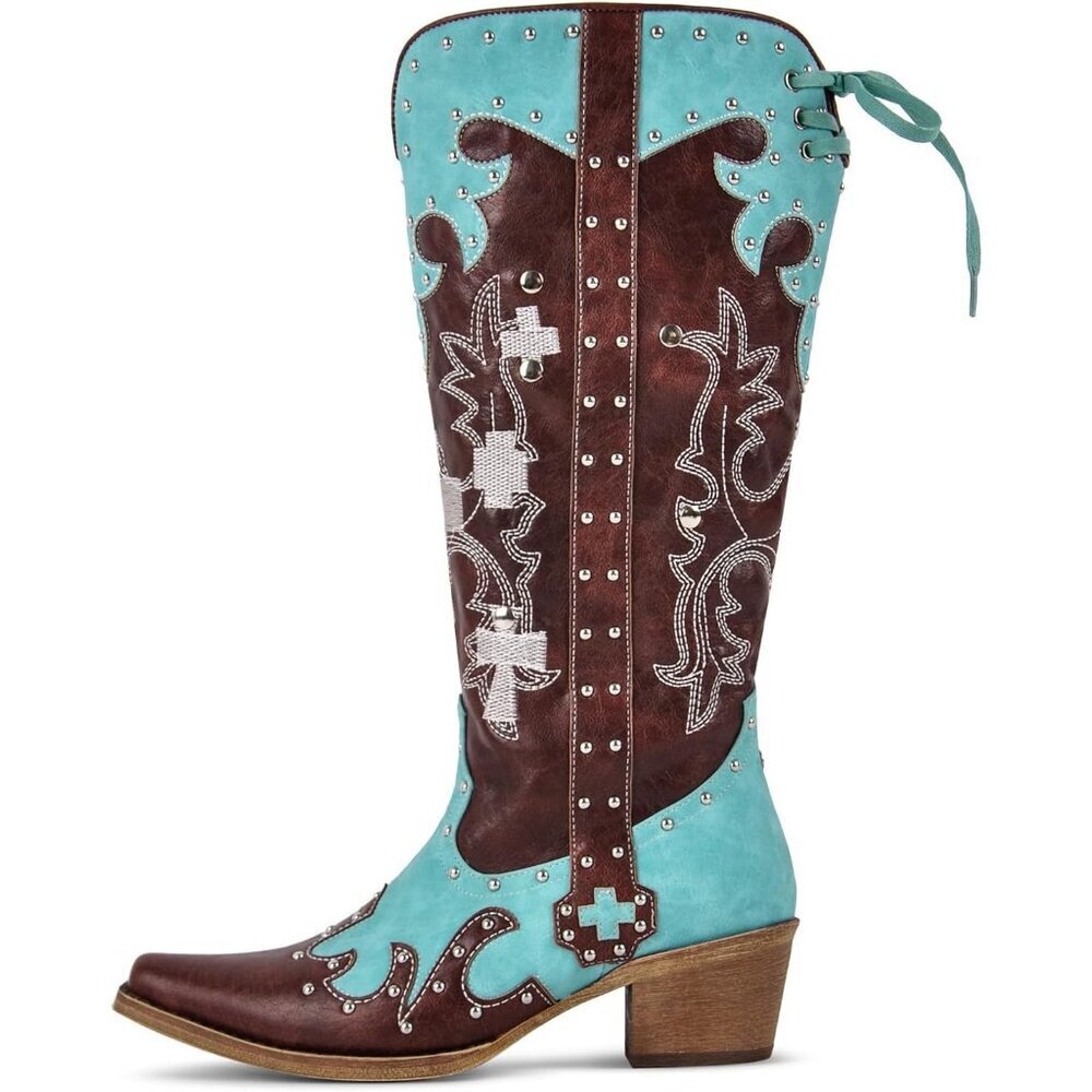 Women's Brown Embroidered Knee High Studded Two-Tone Pathwork Cowboy Boots